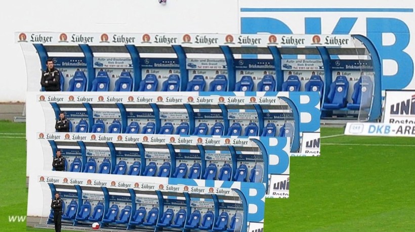 Abbildung einer Ersatzbank im Rostocker Ostseestadion, davor drei verkleinerte Kopien davon, alles in der Bildmitte.